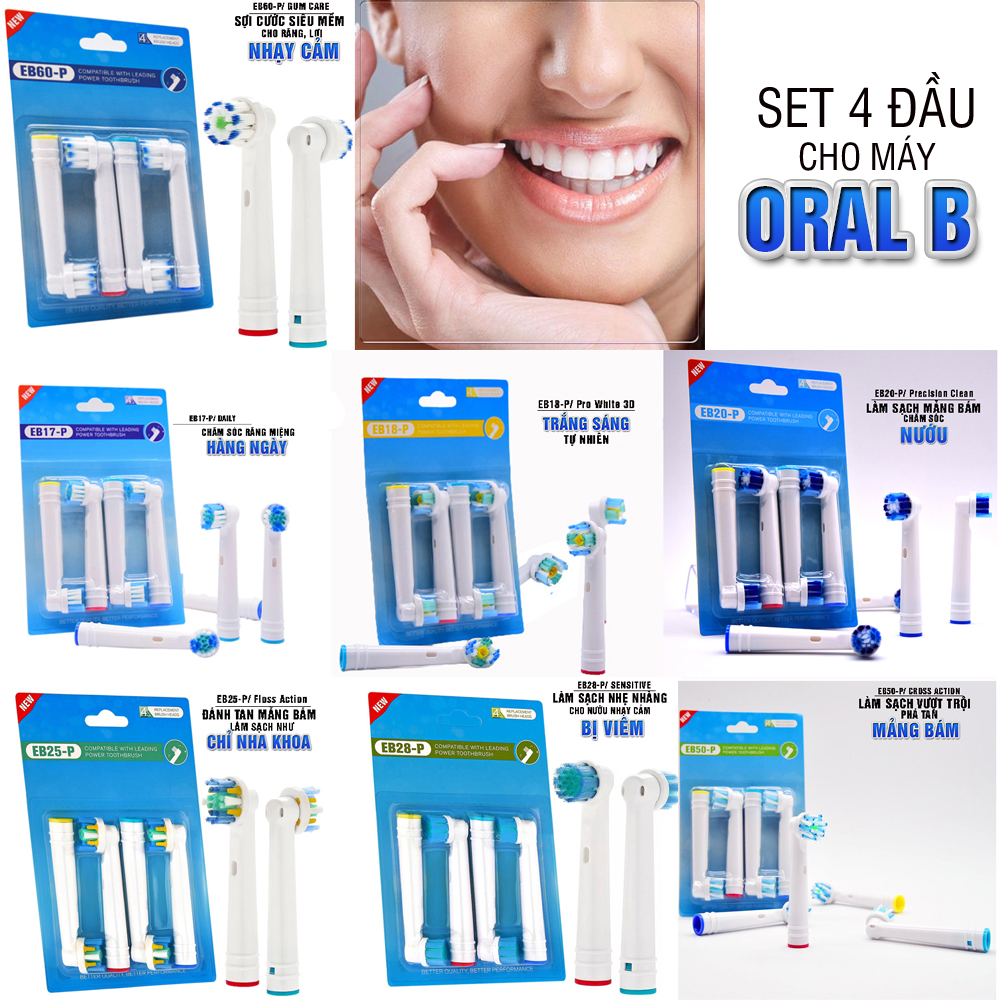 Set đầy đủ nhiều mã Bộ 4 đầu bàn chải đánh răng điện máy Oral B Braun chăm sóc răng miệng toàn diện – MIHOCO OralB EB