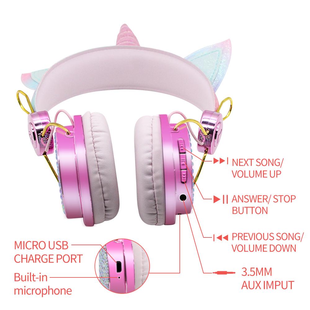Qearfun Không Dây Bluetooth 5.0 Trẻ Em Tai Nghe Hoạt Hình Kỳ Lân Tai Nghe Micro Game Thủ Có Dây Tai Nghe Chụp Tai Nghe Gọi Rảnh Tay Auriculares Quà Tặng
