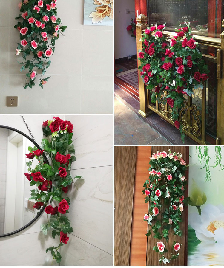 Chùm hoa hồng giả treo tường trang trí kèm giỏ mây (tặng 02 móc dán tường 3D)