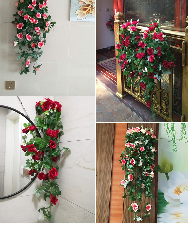 Chùm hoa hồng giả treo tường trang trí kèm giỏ mây