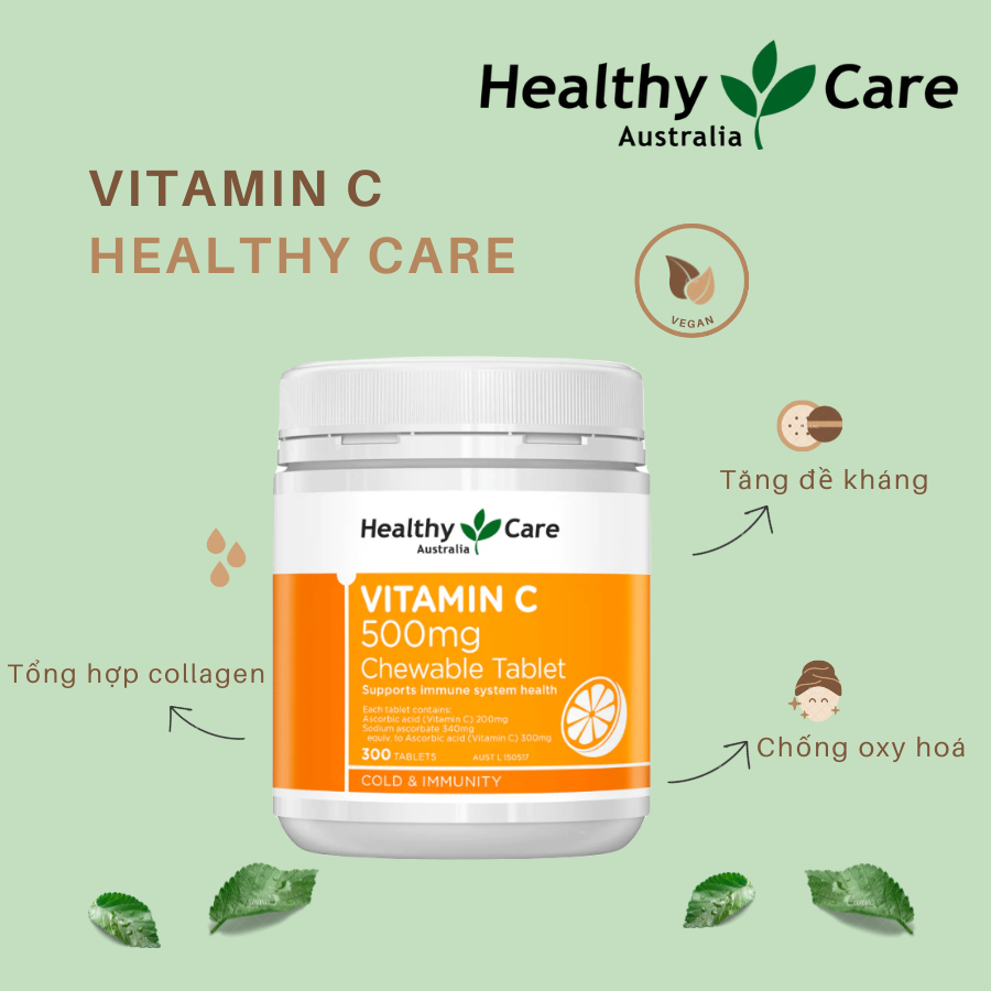 Vitamin C dạng kẹo (ngậm) Úc Healthy Care tăng sức đề kháng, sáng da, tăng sản xuất collagen, nhanh lành bệnh (vết thương) - OZ Slim Store