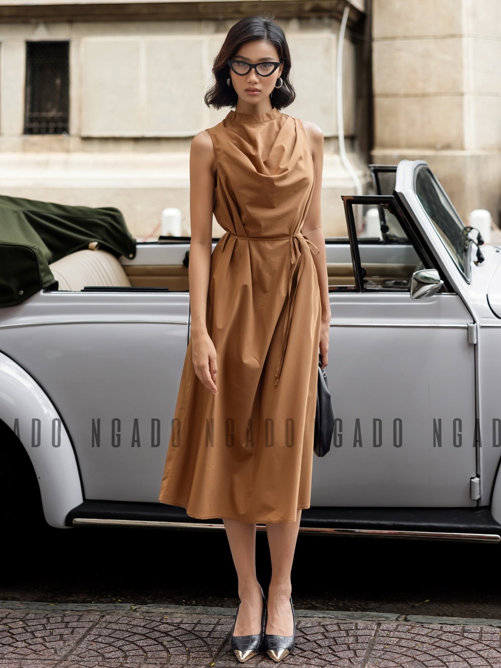 Đầm nâu cổ đổ NGADO, Đầm nữ sát nách cột eo, Đầm vintage