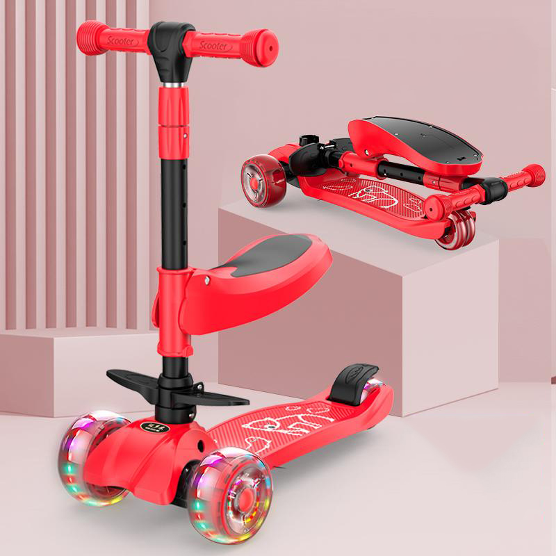 Xe scooter 3 bánh tự cân bằng, 3in1 có ghế gấp gọn, xe chòi chân thăng bằng , xe trượt 3 bánh có nhạc và đèn chiếu sáng (đỏ))