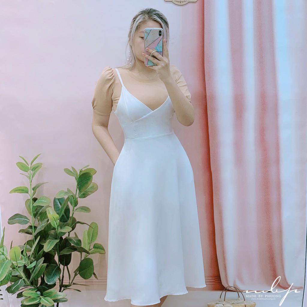 Đầm midi yếm quai mảnh vạt chéo