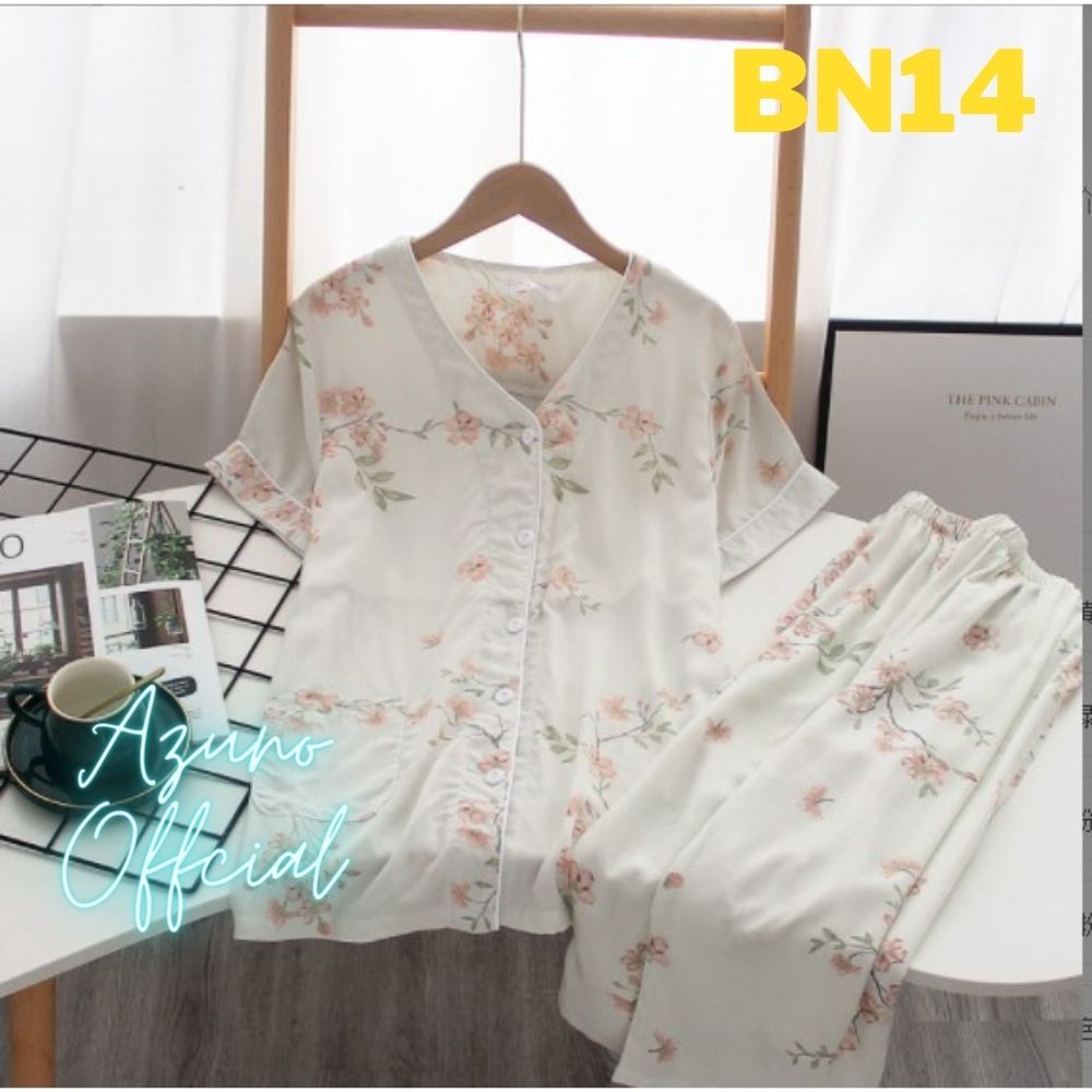 Bộ Đồ Pijama Nữ Mặc Nhà Ngắn Tay Azuno BN0405 Chất Liệu Cotton Lụa Có Lót Ngực Tiện Lợi Cho Mùa Hè