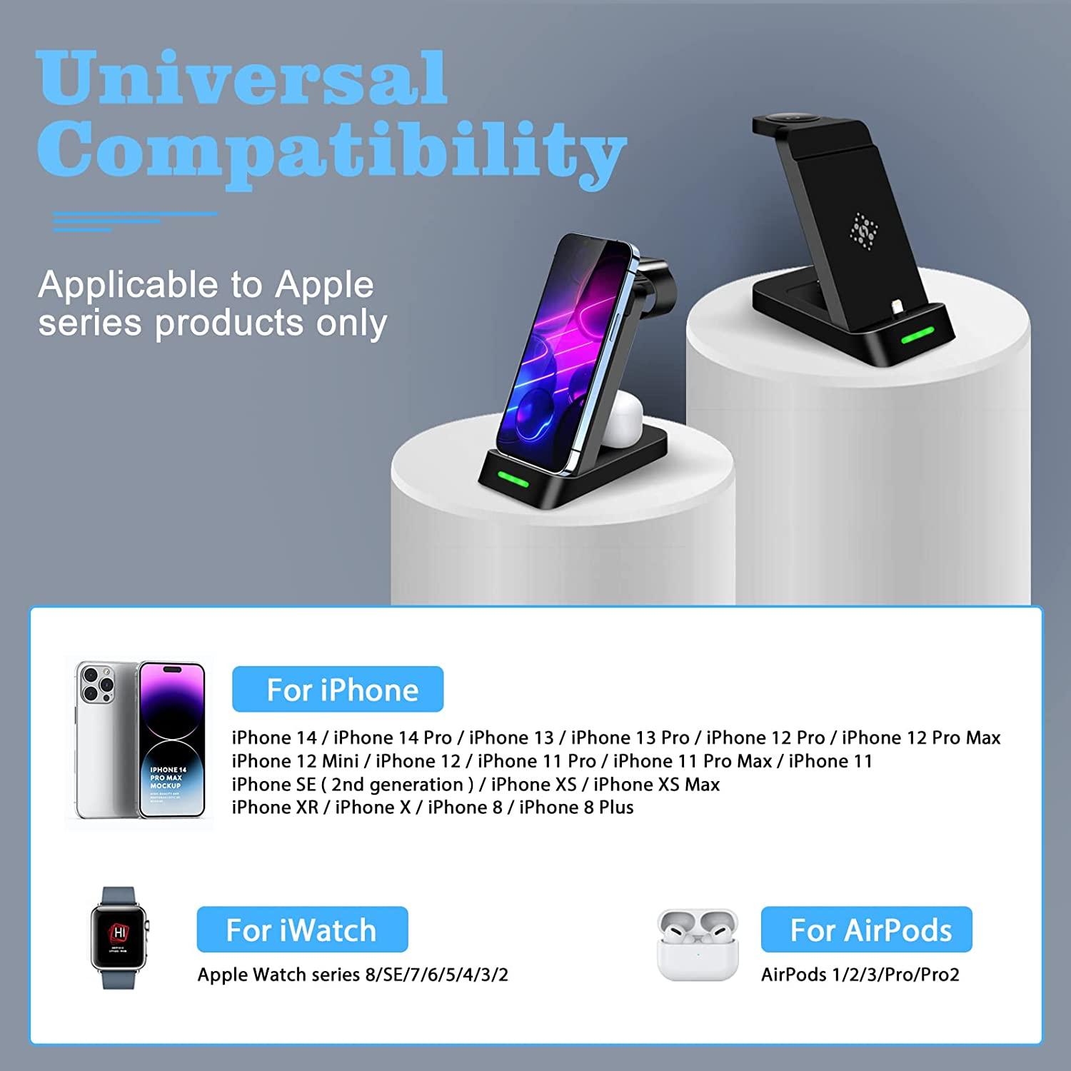 Bộ sạc không dây 3 trong 1 cho iPhone 14 13 12 Pro Max 15W Qi Fast Sạc trạm cho Apple Watch Series 8 7 Chuyên gia Bộ sạc