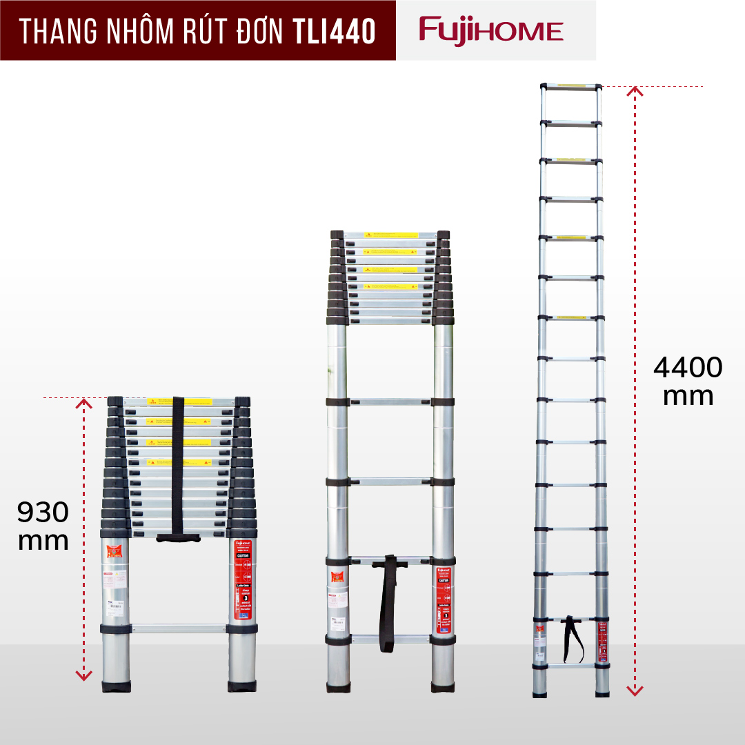 Thang nhôm rút đơn 4,4M gấp gọn Nhật Bản Fujihome chống trượt, thang rút gấp xếp gọn gia đình 4m4 mét đa năng có khóa an telescoping ladder