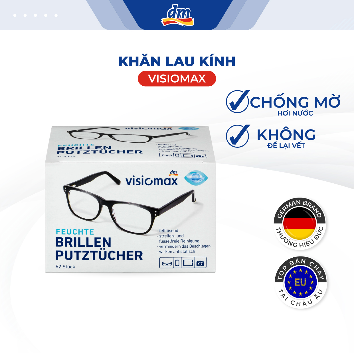 Khăn giấy lau kính, lau điện thoại VISIOMAX, 52 tờ/Hộp