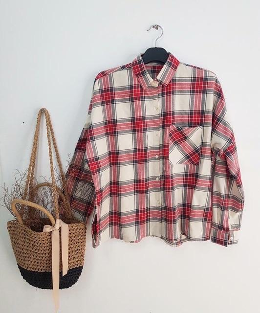 Áo aow mi oversize caro đỏ xám trắng