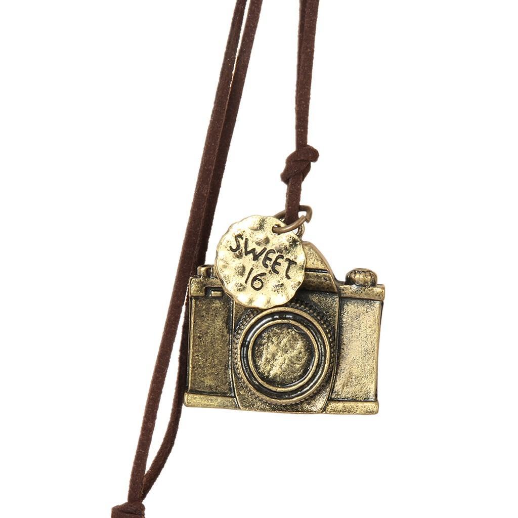 Men's Retro Metal Camera Pendant Velvet Cord Rope Chain Surfer Necklace