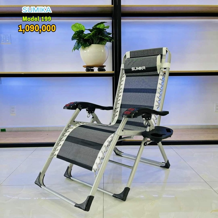 Ghế xếp thư giãn SUMIKA 199 - Khóa Kim loại Bền Bỉ- có lăn tay massage, khung vuông cao cấp, tải trọng 300kg - Tặng Kèm Khay + Gối - Luôn Có Phụ Kiện Thay Thế