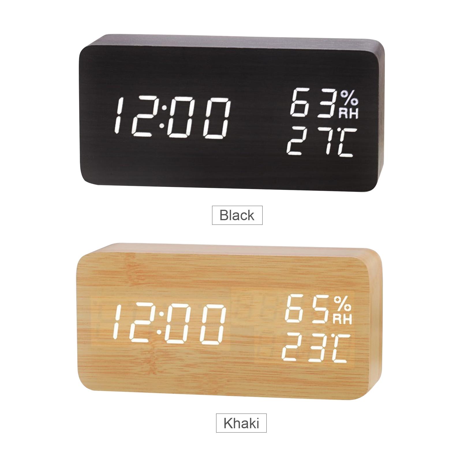 Đồng hồ báo thức bằng gỗ để bàn hiển thị màn hình kỹ thuật số LED nhiệt độ độ ẩm