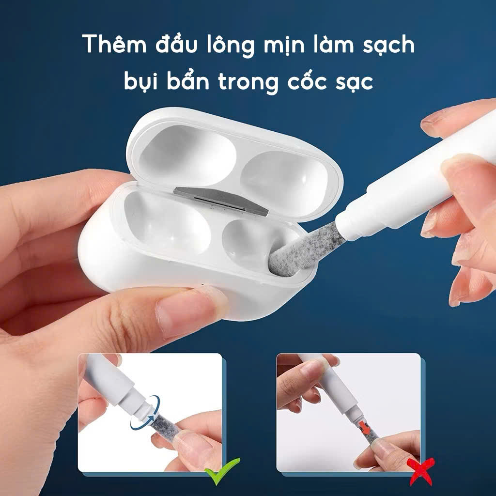 Bộ dụng cụ vệ sinh tai nghe 3 trong 1 làm sạch tai nghe, chân sạc điện thoại, laptop, máy tính, máy ảnh đa năng - Hàng chính hãng