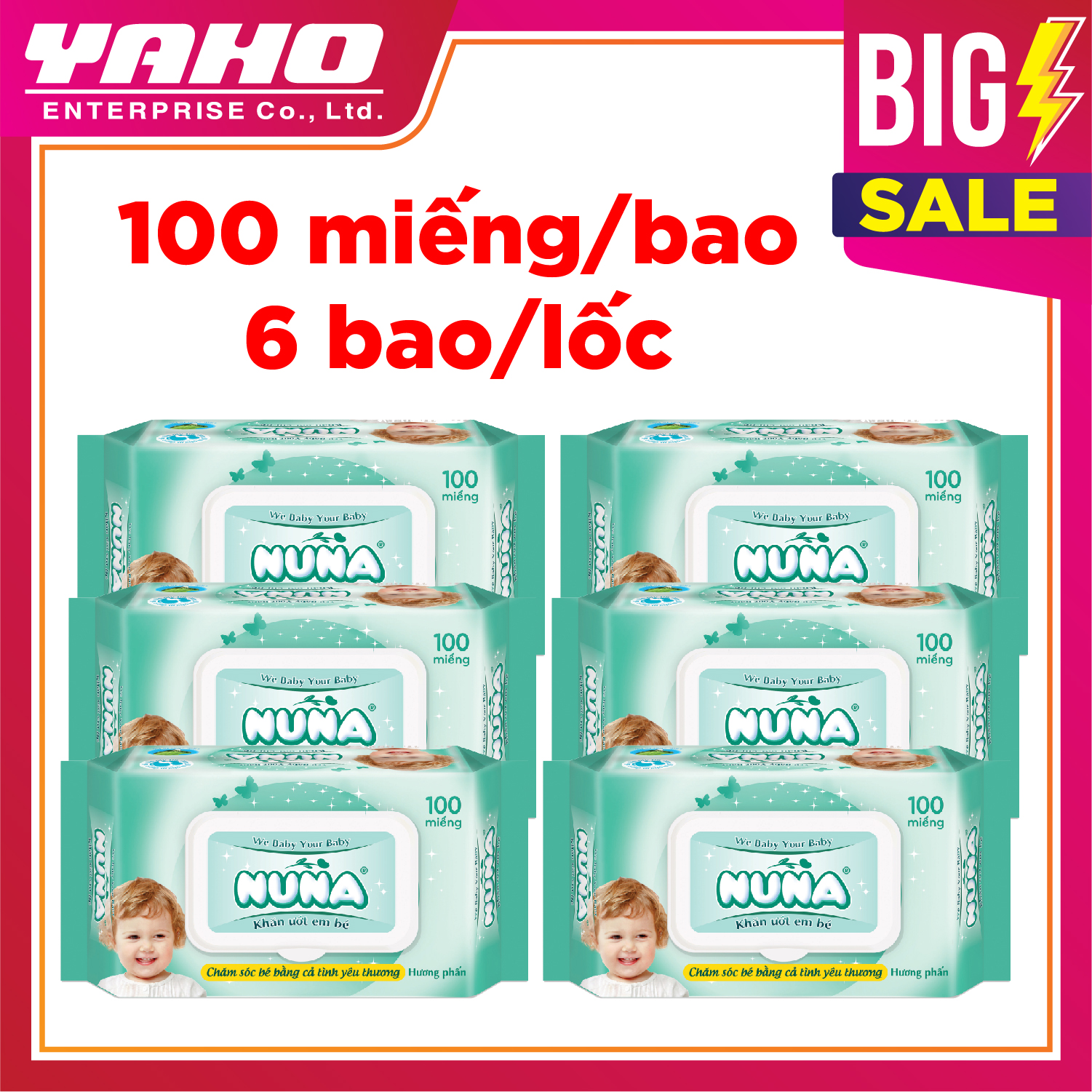 Combo 6 Bao Khăn Ướt Em Bé Nuna Hương Phấn (100 Tờ x 6) Tinh Chất Lô Hội