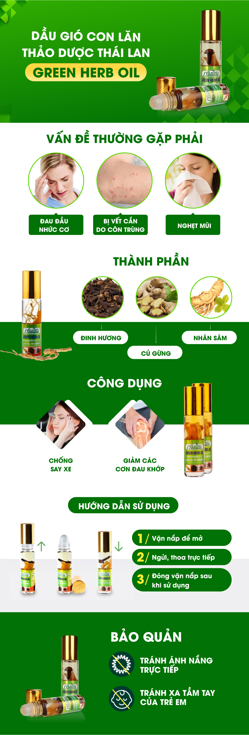 Dầu lăn sâm thảo dược Green Herb Oil Thái Lan [Chai 8ml]