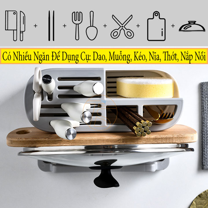 Hộp đựng cắm dao kéo muỗng nĩa để bàn có khay hứng nước kèm giá để thớt và nắp nồi trong nhà bếp