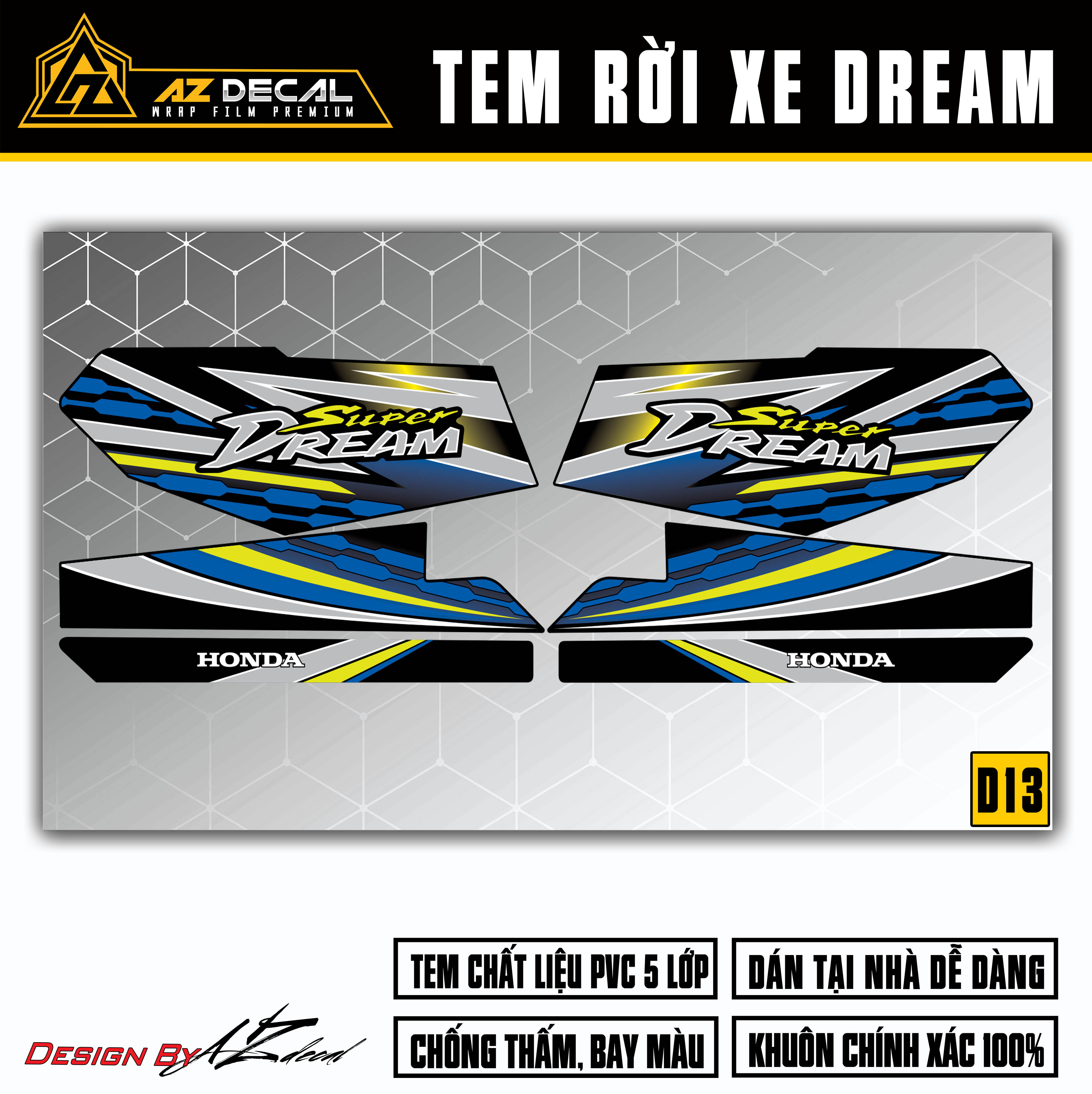 Tem Chế Xe Dream Mẫu Super Dream | D13 | Tem Rời Dành Cho Xe Dream Việt, Thái, Chất Liệu Decal Chống Nước, Bền Màu