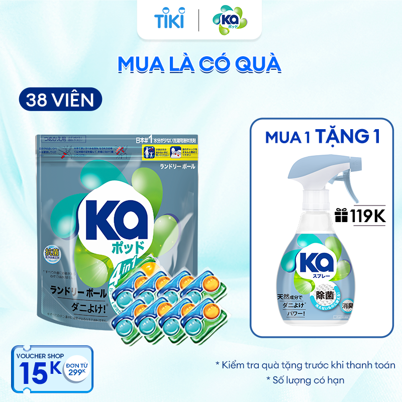 Viên Giặt Quần Áo loại bỏ mạt bụi KA pod Anti-dustmite 4trong1 diệt mạt bụi, làm sạch sâu, kháng khuẩn, giữ màu vải (38 viên/ Túi)