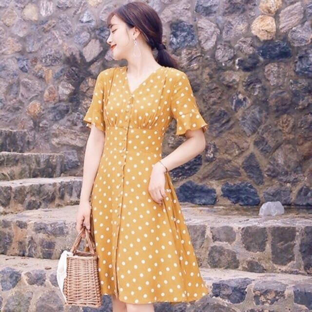Đầm Xoè Ngắn Bi Vàng Cam