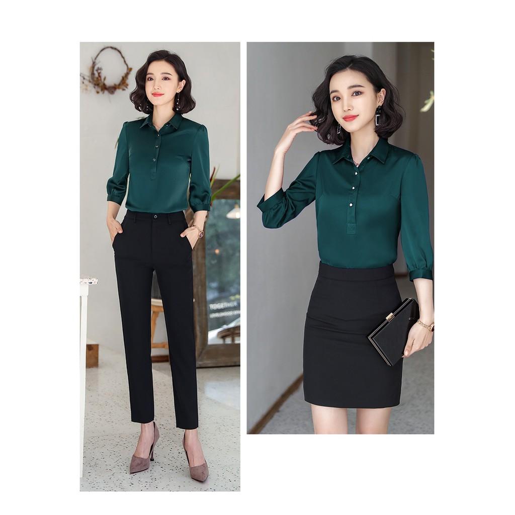 Áo sơ mi nữ công sở cổ sơ mi 5 khuy ngực, chất phi lụa mềm mát, thời trang trẻ, phong cách Hàn Quốc
