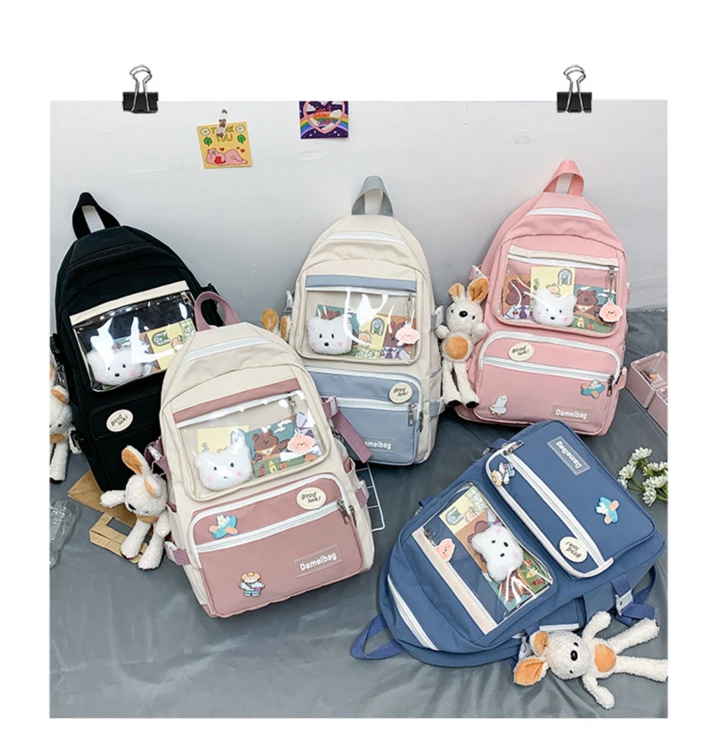 Balo phối màu dễ thương Dameibag cỡ lớn, nhiều ngăn đựng được a4, tặng mặt gấu cute và ảnh BL3308