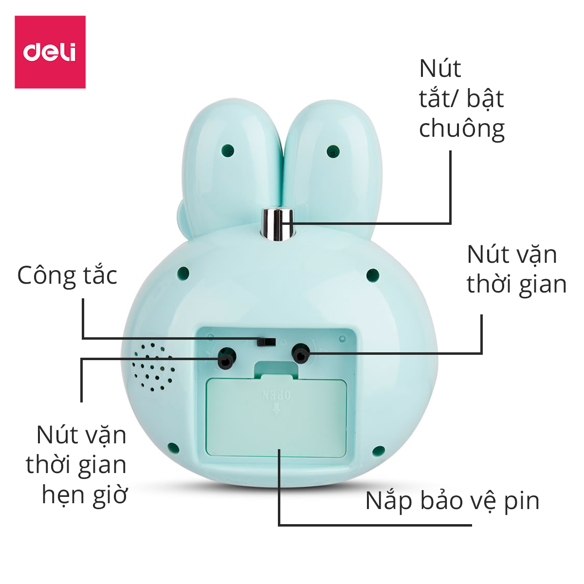 Đồng hồ báo thức thỏ hoạt hình Deli - Trắng/ Xanh/ Hồng - 8803