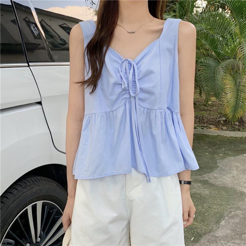 Áo babydol hai dây bản to có dây rút ngực phong cách hàn quốc chất đũi cao cấp freesize