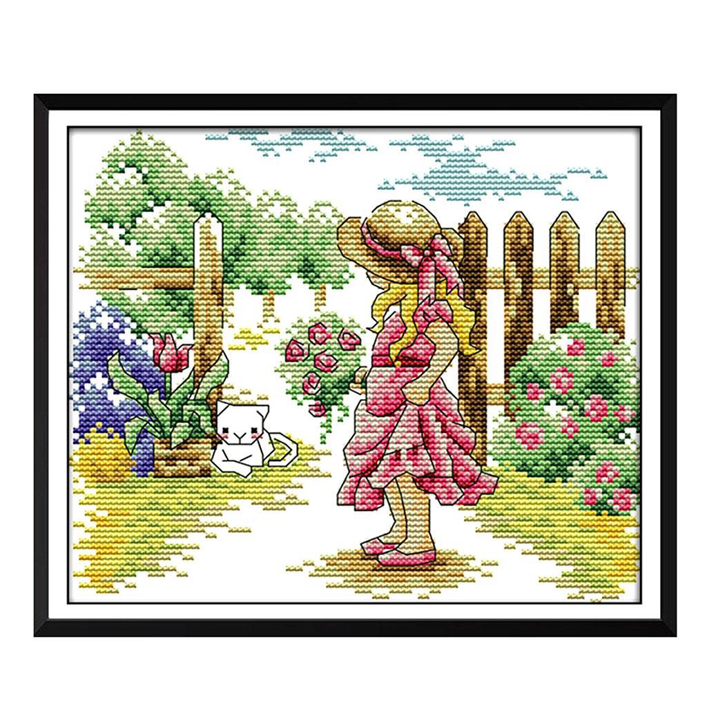 Girl in Garden Stamped Cross Stitch DIY Handmade Needlework 26x21cm 14CT