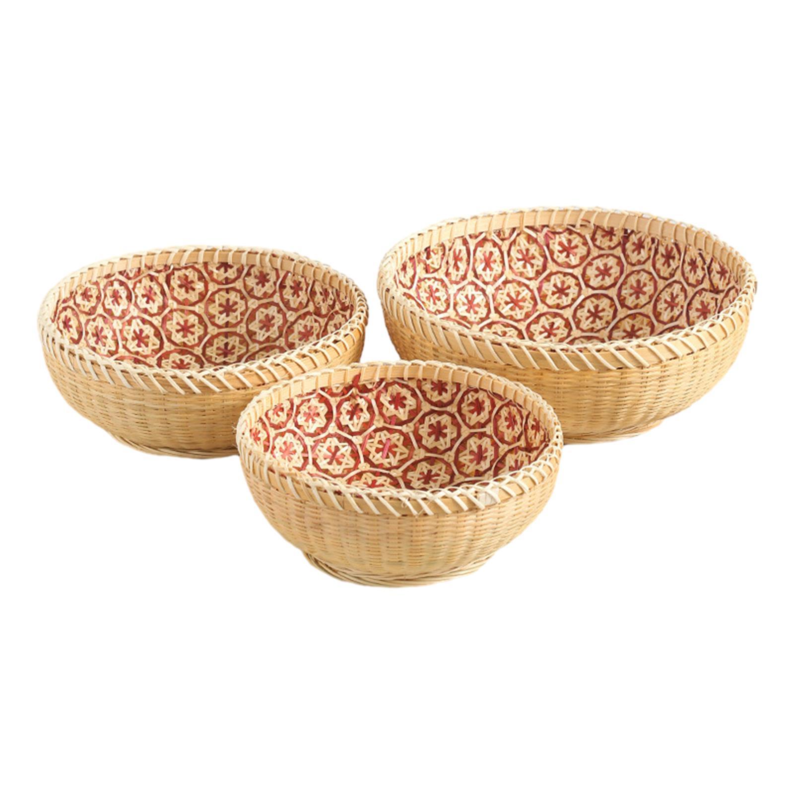 3x Bamboo Woven Basket Rattan Storage Basket Fruit Basket Food Serving Basket for Restaurant, Pantry, Kitchen Organizing