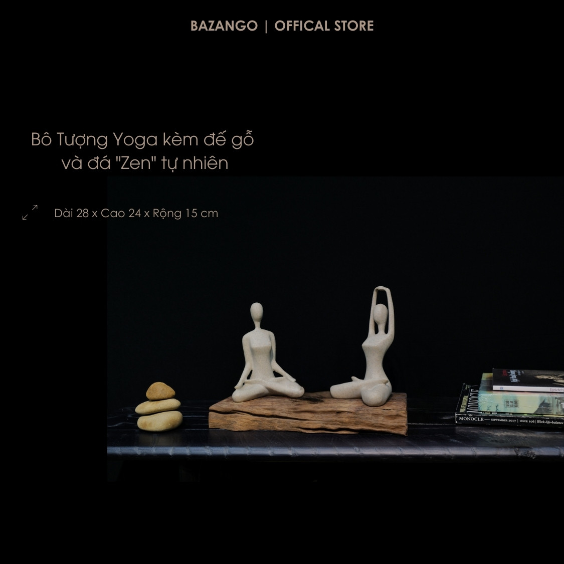 Bô Tượng Yoga kèm đế gỗ và bộ đá &quot;Zen&quot; tự nhiên - Bazango - Trang Trí Nhà