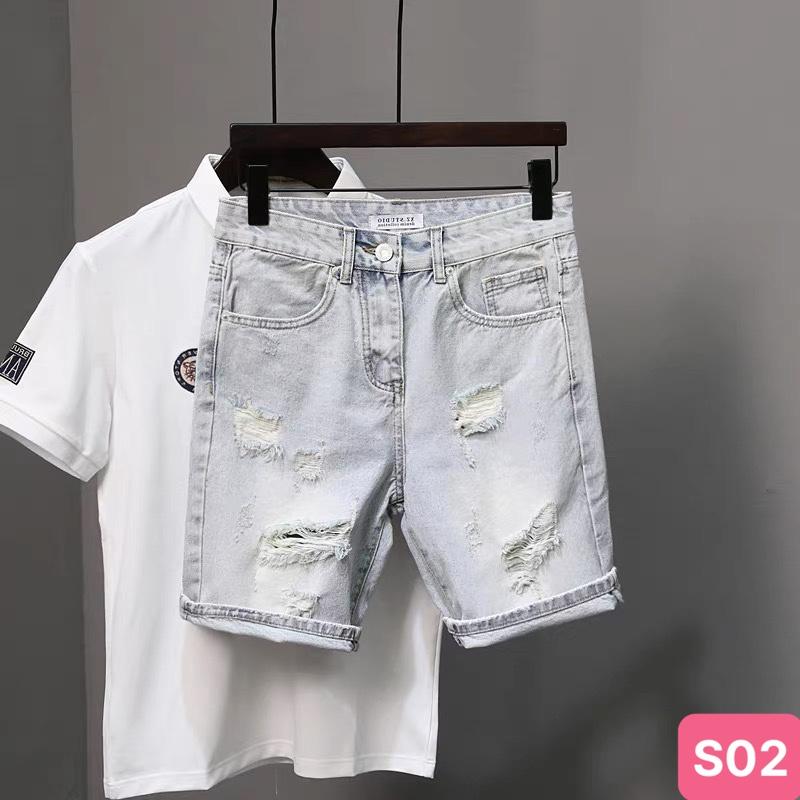 Quần short đùi jean nam xanh bạc nhạt rách gối chất bò cao cấp co dãn 4 chiều cực đẹp, quần rin nam HD31