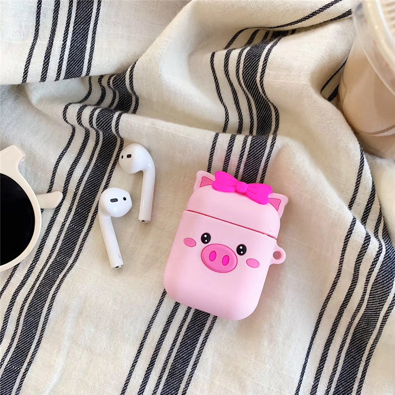 Bao Case Silicon Cho Tai Nghe Apple Airpods - Hình Heo Hồng Đeo Nơ