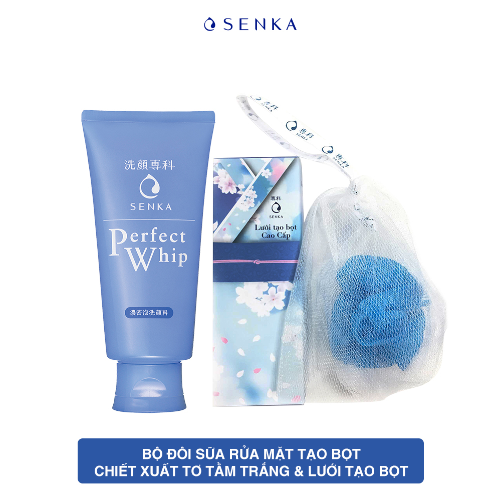 Bộ Đôi Sữa Rửa Mặt Tạo Bọt Chiết Xuất Tơ Tằm Trắng Senka Perfect Whip 120g Tặng Lưới Tạo Bọt