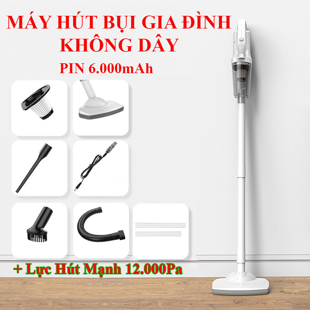 Máy hút bụi không dây Pin Sạc 6.000mAh, lực hút 12.000Pa siêu mạnh, sử dụng tiện tợi, hút được cả bụi bẩn khô, ướt, tóc, lông thú, sỏi nhỏ