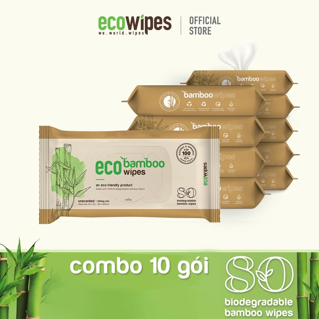 Combo 10 gói khăn giấy ướt cao cấp EcoWipes Bamboo gói 80 tờ vải sợi tre sinh thái không mùi có thể phân hủy