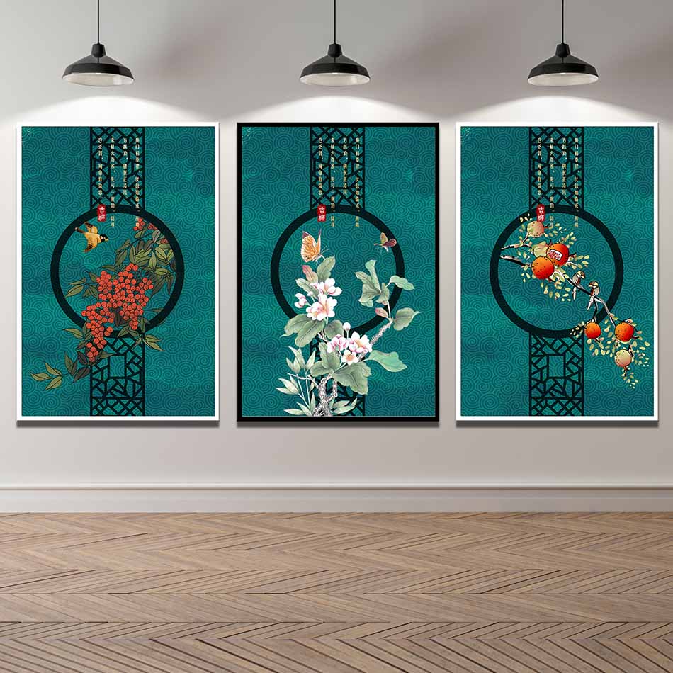 Bộ 3 tranh canvas treo tường Decor Họa tiết hoa lá cách điệu, phong cách tân cổ điển - DC028