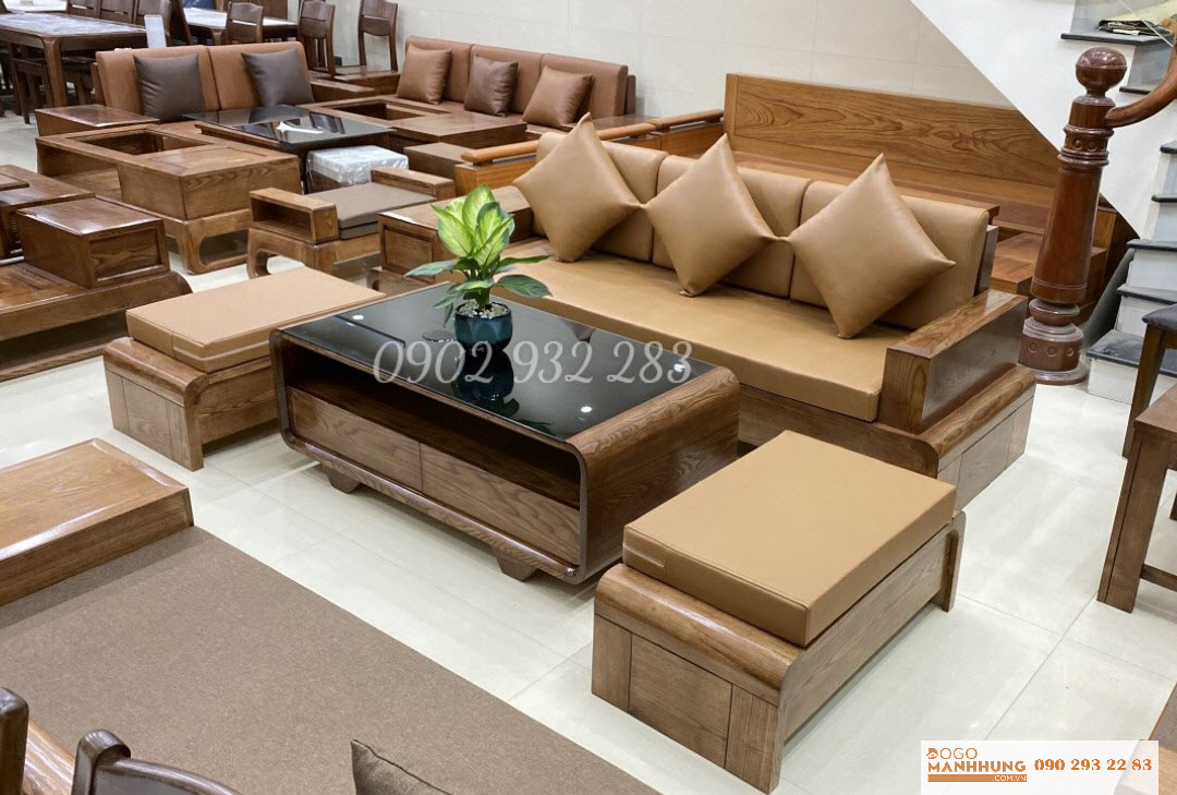 Bộ bàn ghế phòng khách sofa 4 món gỗ sồi chân cuốn