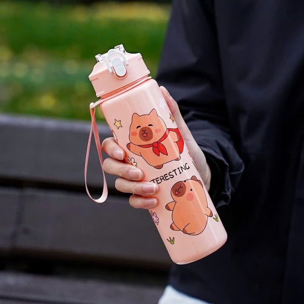 Bình Nước Nhựa 700ml Hình Capybara Siêu Yêu Cho Bé - HÀNG CHÍNH HÃNG MINIIN