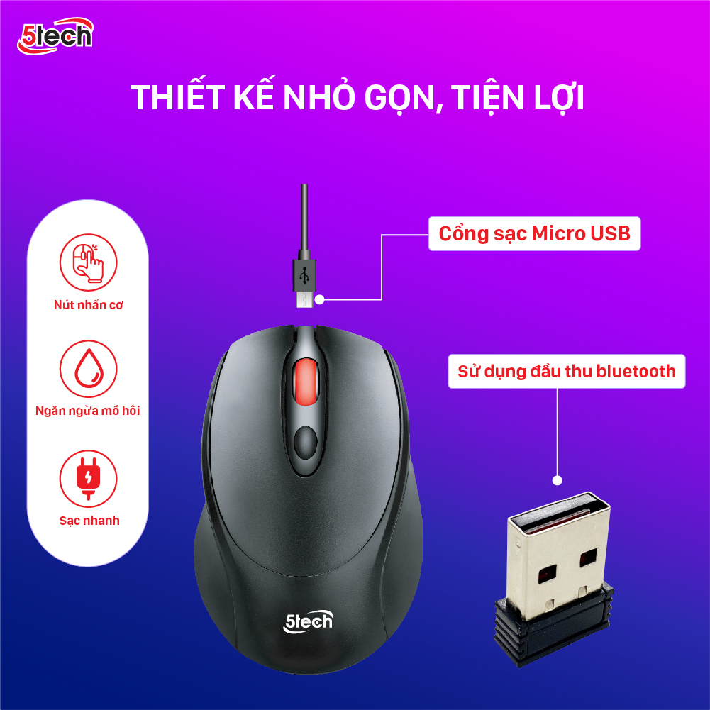 Chuột không dây 5TECH, chuột gaming wireless 2.4Ghz chuột quang sạc pin siêu nhạy cho máy tính, laptop,chất liệu nhựa ABS cao cấp hàng chính hãng