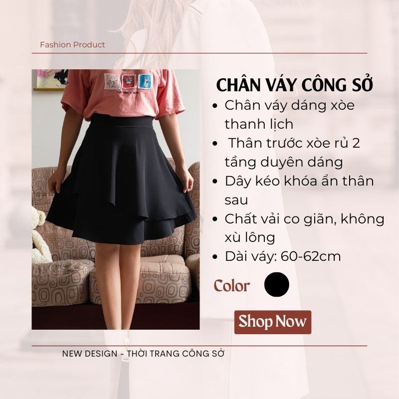 Chân Váy Công Sở  New Design Thiết Kế 2 Tầng Váy Xòe Tôn Dáng Midi Che Khuyết Điểm, Vải Tốt Màu Đen Co Giãn Mặc Mát