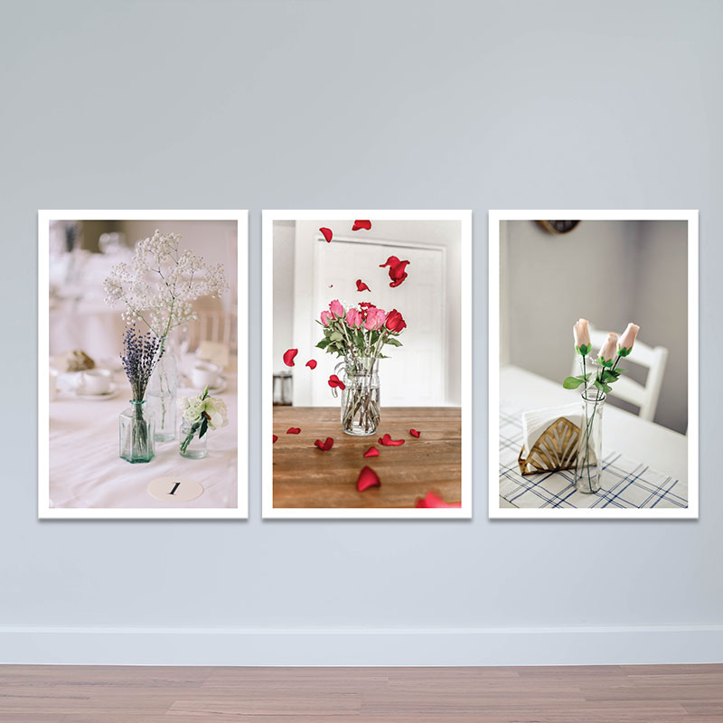 Bộ 3 tranh tĩnh vật "Hoa hồng và hoa baby" | Tranh treo tường hoa lá W3395 Canvas