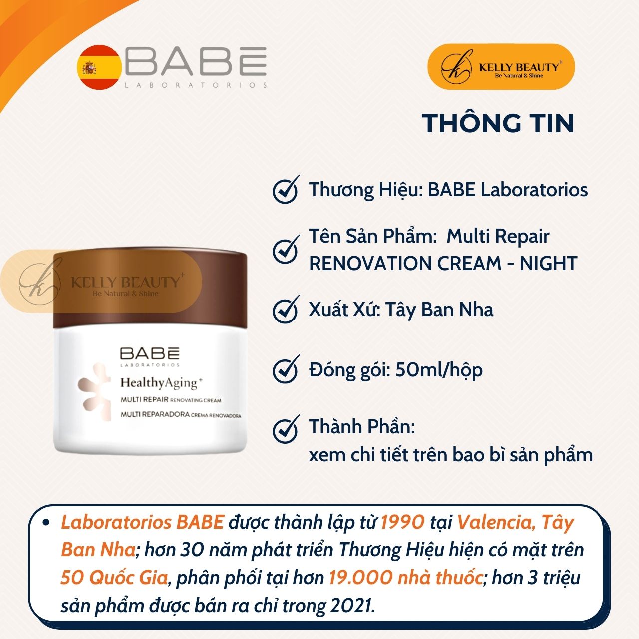 Kem Đêm Tái Tạo Phục Hồi Da BABE Multi Repair Renovating Cream - Giảm Nếp Nhăn Li Ti, Sáng Da, Đều Màu Kelly Beauty