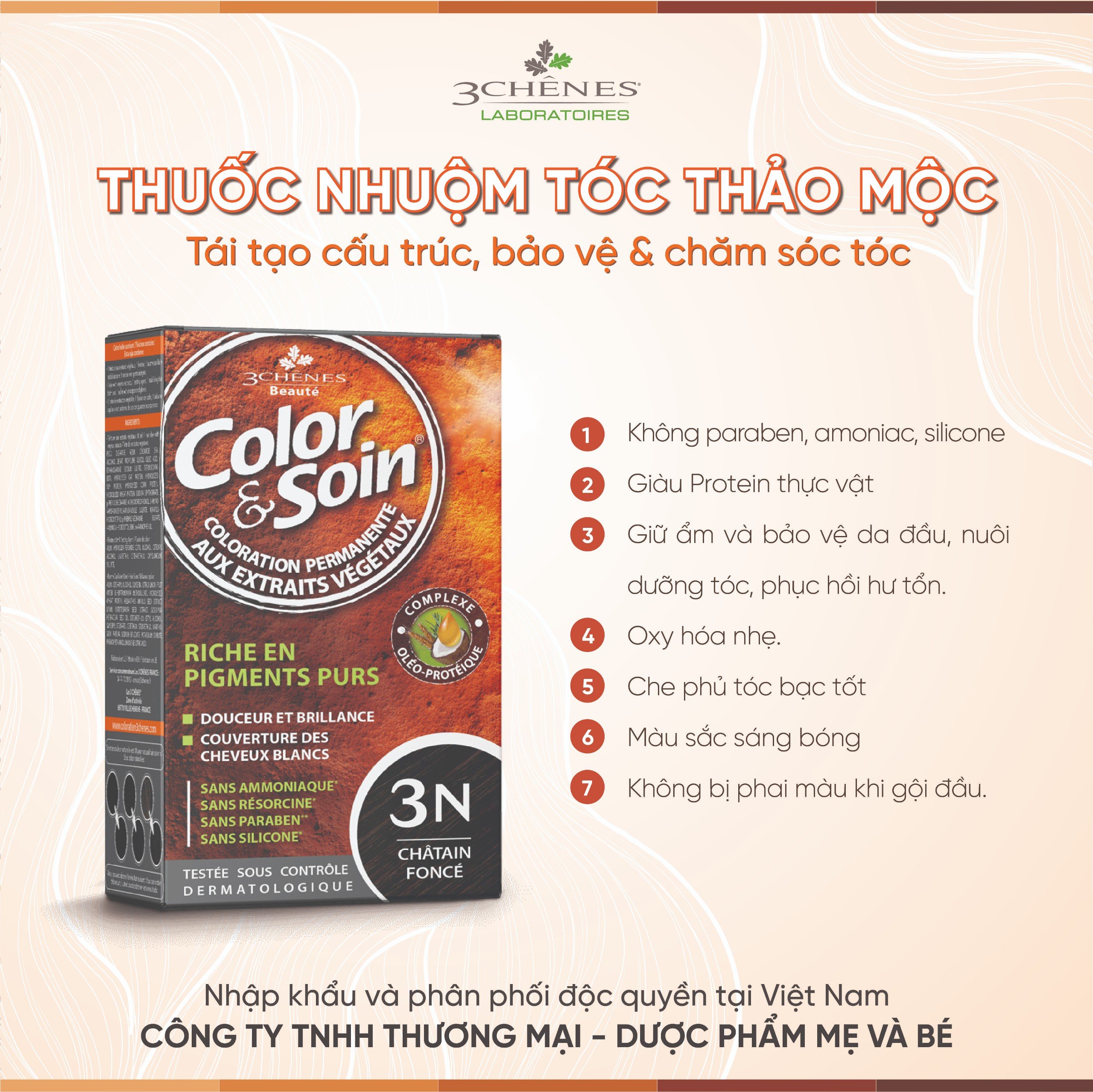 Thuốc Nhuộm Tóc Phủ Bạc Màu 3 CHENES COLOR&amp;SOINDARK CHESTNUT 3N MÀU NÂU ĐEN _Thảo dược Tự nhiên, An toàn Không chứa Amoniac [Nhập khẩu Pháp]