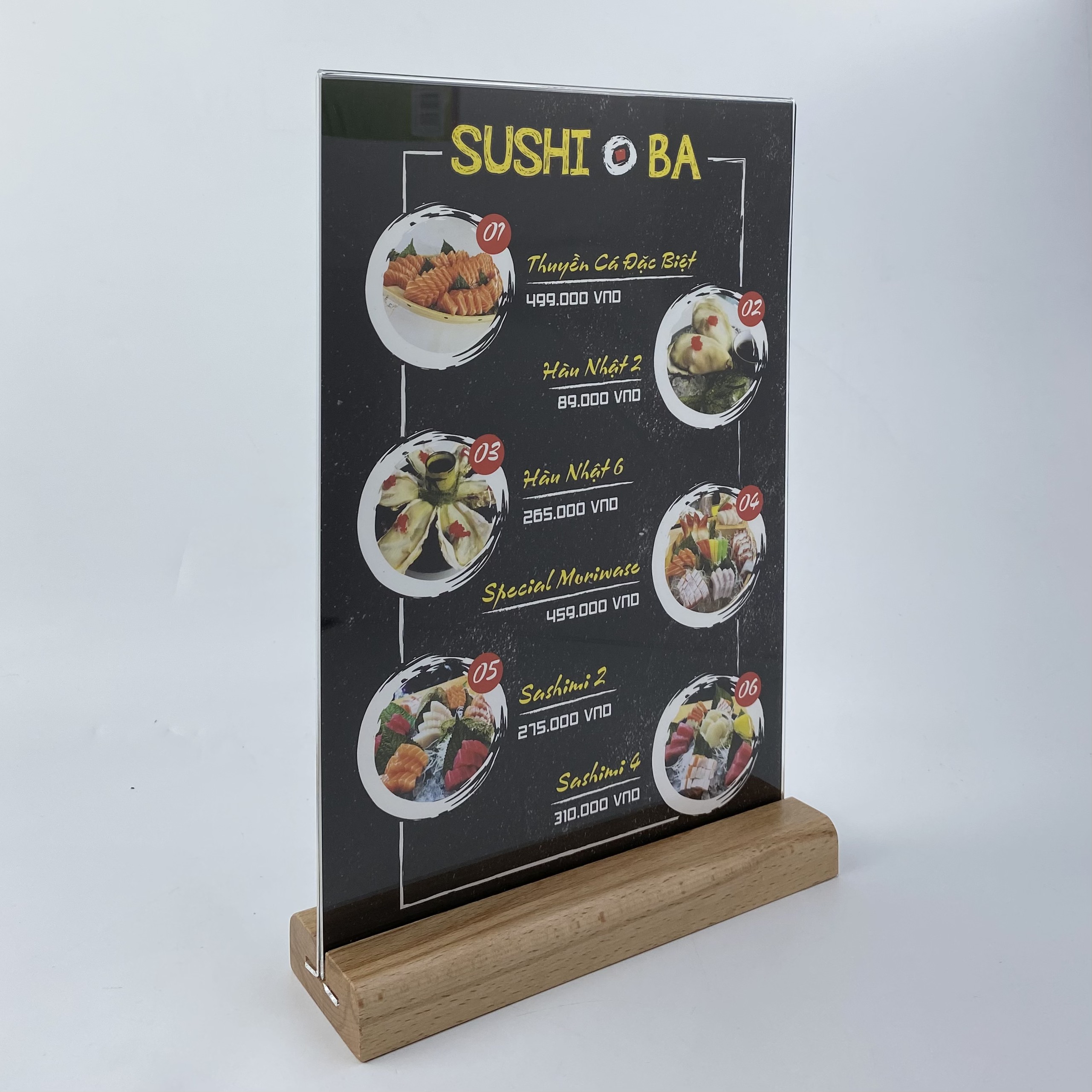 Kệ mica 2 mặt Enter E44 100x150mm đế gỗ A6 đứng, Kệ menu nhà hàng, Standee mica để bàn, Bảng quét mã QR Code