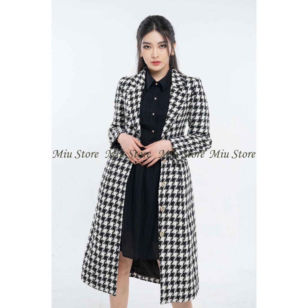 Áo khoác dạ nữ thiết kế dáng dài houndstooth cổ vest lịch lãm MIUSTORE AK00002