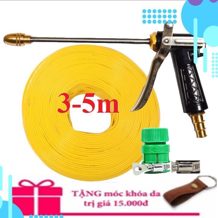 Bộ dây vòi xịt nước rửa xe,tưới cây .tăng áp 3 lần, loại 3m,5m 206318 đầu đồng,đai,nối nhựa vàng+ tặng móc khoá