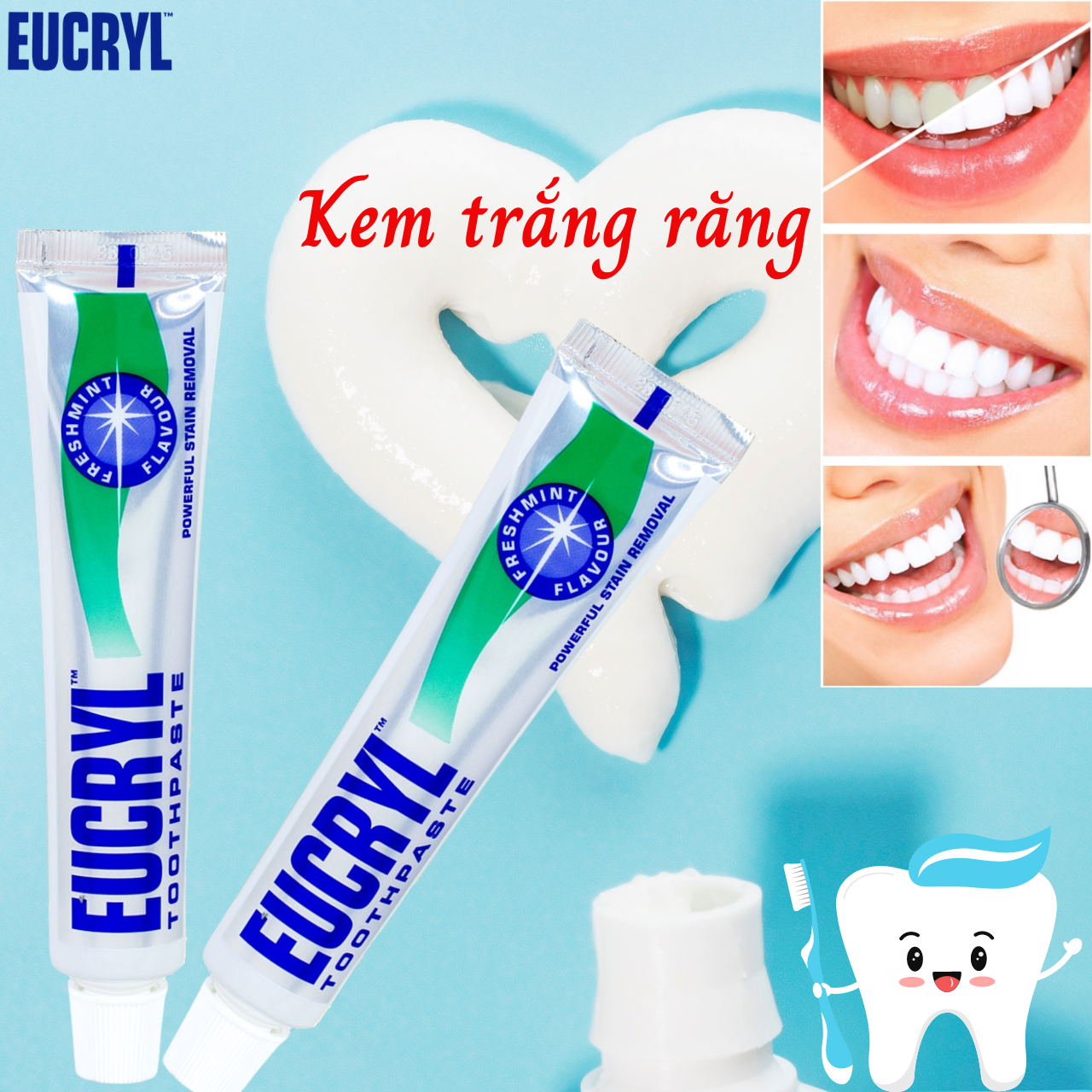 Kem Đánh Răng Trắng Răng Eucryl Tooth Paste - 2 Tuýt x 62g Nhập Khẩu Anh