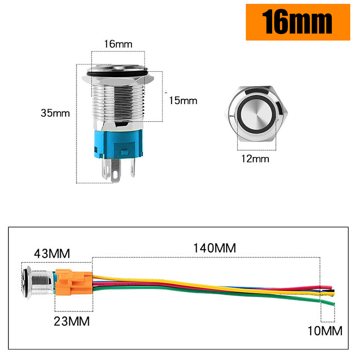 Nút công tắc nhấn nhả tự phục hồi, Nhấn Reset 16mm (3-6V, 12-24V, 110-220V) Vỏ INOX chống nước