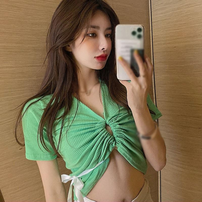 Áo Thun Ngắn Tay Cổ Chữ V Ôm Dáng Thời Trang Dành Cho Nữ