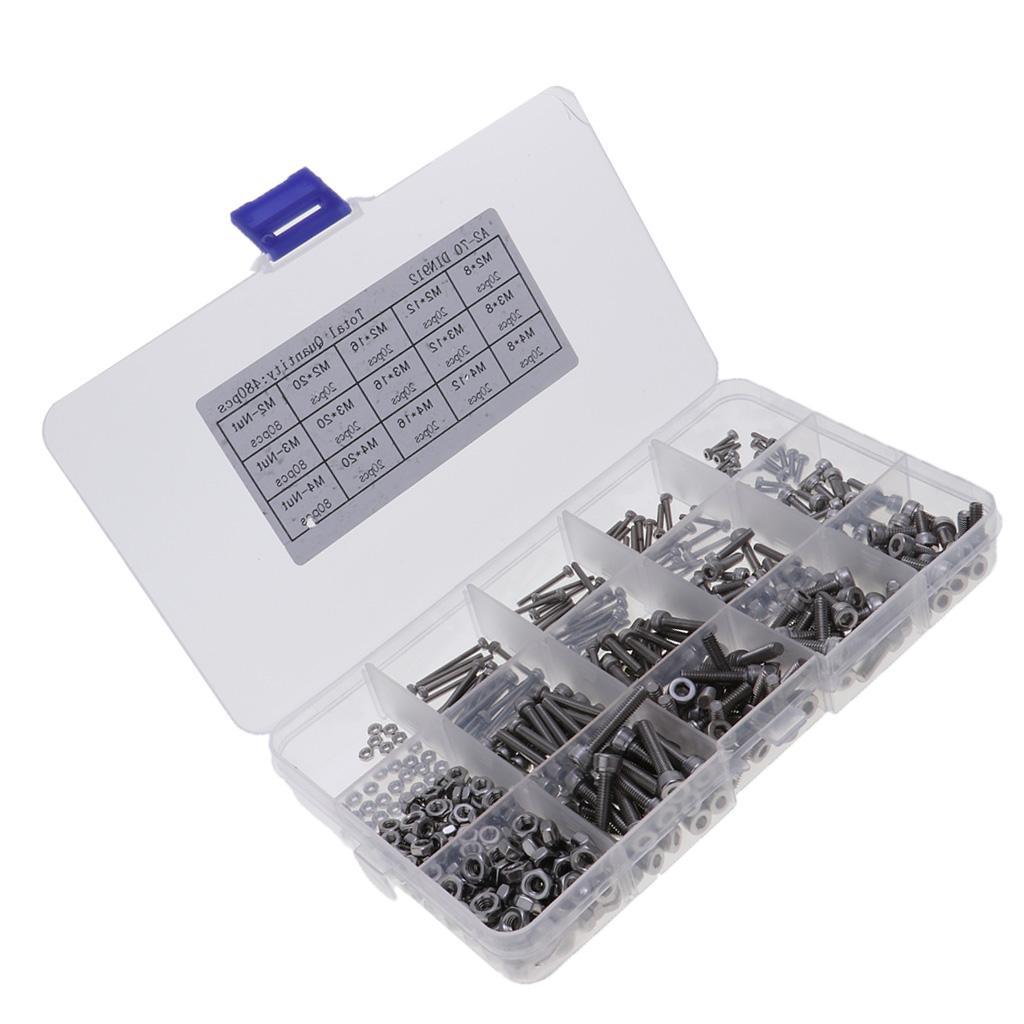 Pack of 480 Hex Screws Nuts Set in 15 Grids Plastic Case Stainless Steel